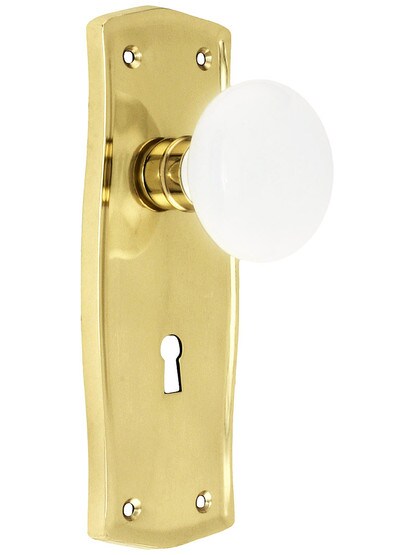 Prairie Style Door Set with White Porcelain Door Knobs Single Dummy in Polished Brass.